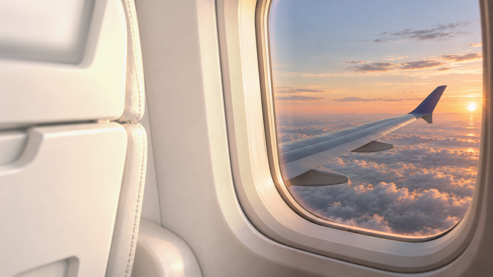 Blick aus einem Flugzeugfenster auf ein Wolkenmeer bei Sonnenaufgang, mit Tragfläche