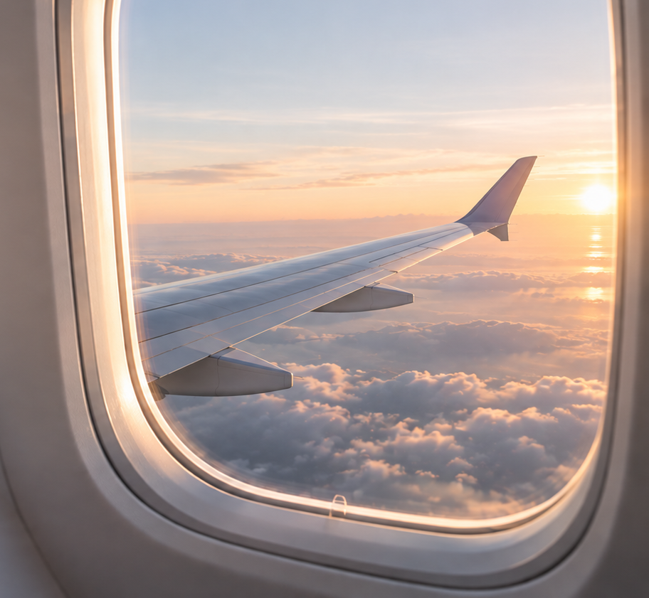 Blick aus einem Flugzeugfenster auf Tragfläche und Wolken bei Sonnenuntergang, Sinnbild für den Weg vom Kundenservice ins Online Marketing